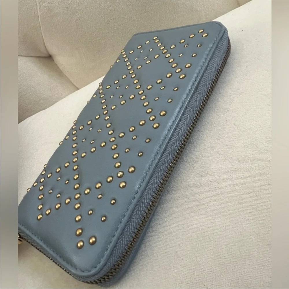 Authentic Christian DIOR Blue Leather x Studs Long Zippy Wallet W/ Charm EUC